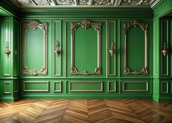 Canvas Print - Luxurious interior with vibrant green walls, ornate frame molding, and rich wooden flooring, featuring ample copy space and a sophisticated, airy atmosphere.