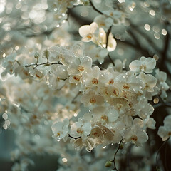 Sky-white orchids bathed in soft sunlight are highlighted by dreamy bokeh effects.