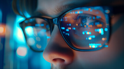 Developer programmer coding reflection of computer code in glasses, Hacking, vision and technology concept.