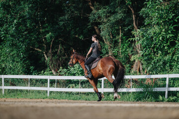 Wall Mural - Woman horseback riding in an outdoor arena, enjoying nature and the peaceful surroundings of lush green trees