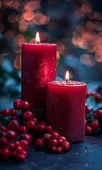 Wall Mural - Two red candles with berries around them on a table.

