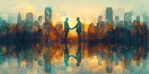 Wall Mural - Silhouettes of Two Men Handshaking in a Cityscape