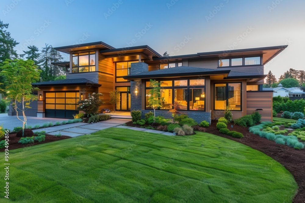 modern home exterior with lush green lawn and clear blue sky at sunrise ...