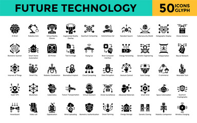 Wall Mural - Future Technology icon set with ai brain, robotics arm, virtual reality glasses, augmented reality overlay, quantum computing, autonomous car icon. Simple glyph vector 
