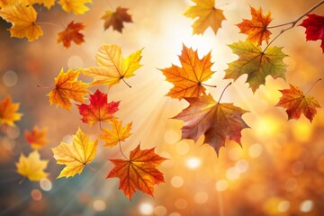 Wall Mural - Vibrant orange, yellow, and red autumn leaves gently fall against a soft, creamy light background, creating a warm and cozy seasonal atmosphere.