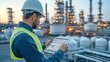 © suphamit - An engineer or refinery supervisor is checking natural gas supply on a digital tablet, with an LPG gas plant in the background.