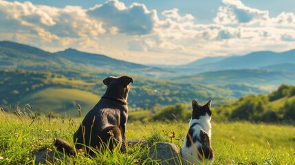 A dog and cat perched on a grassy hill, with a beautiful landscape in the background