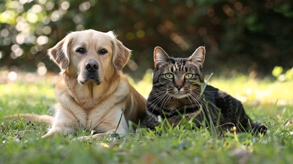 A dog and cat sitting side by side in the grass, both looking curiously at the camera