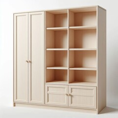 empty Wooden wardrobe with shelves and door in a classic home interior isolated white background