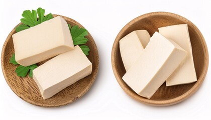 Delicious raw tofu blocks garnished with parsley, set against a white background.