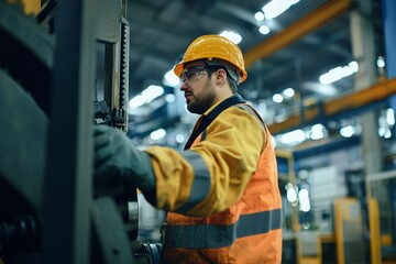 Wall Mural - Portrait of a factory production worker operating heavy machinery, Generative AI