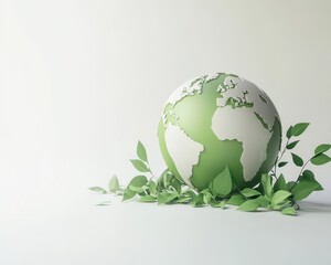 Minimalist 3D rendering of a green earth globe with leaves, isolated on a white background with copy space