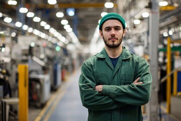 Wall Mural - Portrait of a factory production worker standing by an assembly line, Generative AI