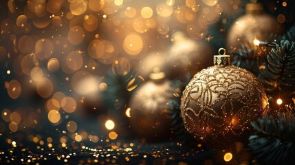 Golden Christmas Ornaments on Glowing Winter Night Background with Confetti Bokeh and Festive Decorations