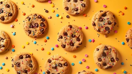 Wall Mural - Chocolate chip cookies and colorful sprinkles on yellow and orange background