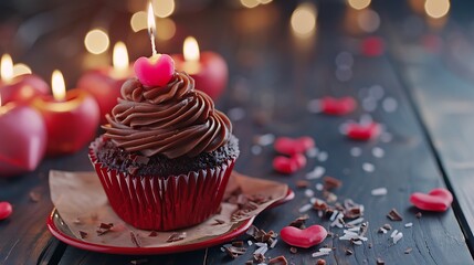 Wall Mural - chocolate cupcake on red heart bowl with pink candles