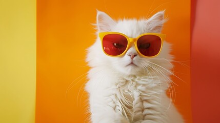 Close portrait of white furry cat in fashion sunglasses on yellow and orange background