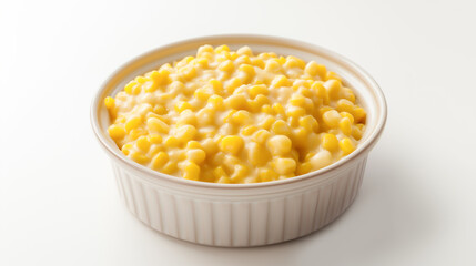 Wall Mural - Creamy Corn Casserole: A close-up of a rustic white casserole dish filled with a golden, creamy corn casserole, perfect for Thanksgiving, potlucks, or a simple side dish.