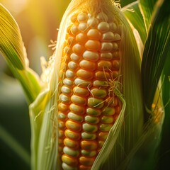 Wall Mural - a close-up of corn on the cob, highlighting the rows of golden kernels and the glistening dew.