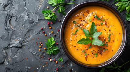 Autumn Comfort: Creamy Pumpkin and Carrot Soup on Grey Stone Background 