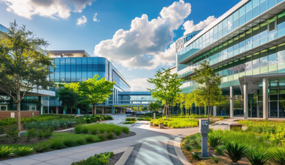 a modern hospital building with a glass facade, located in a vibrant setting surrounded by greenery and walking paths. The exterior features sleek lines and large windows that allow natural light