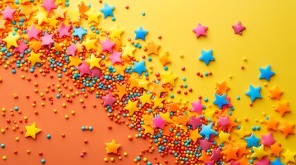 Wall Mural - Colorful sugar star sprinkles on yellow and orange background