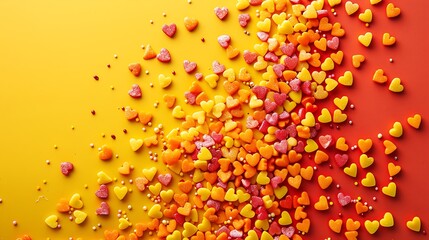 Wall Mural - Colorful sugar heart shaped sprinkles on yellow and orange background