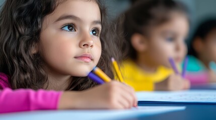 A focused girl engages in a creative activity, highlighting imagination and concentration in a vibrant classroom setting.