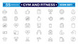 © artshuvo - Gym and fitness icon set. Containing healthy lifestyle, weight training, body care, and workout or exercise equipment icons. Editable stroke outline icon.