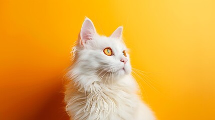 Wall Mural - Cute portrait of white highland straight fluffy cat on yellow and orange background