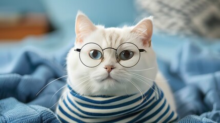 Wall Mural - Cute white british cat with glasses and a striped t shirt on a blue blanket