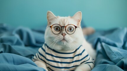 Wall Mural - Cute white british cat with glasses and a striped t shirt on a blue blanket