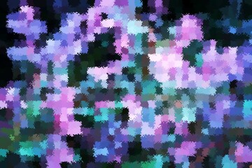 Wall Mural - A colorful, abstract image of flowers with a purple background. The flowers are in various shades of purple and blue, and the background is a mix of purple and green. The image has a dreamy