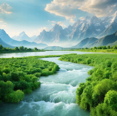 Nature background from green plants and river with mountains cloudy sky wallpaper. Ai generative