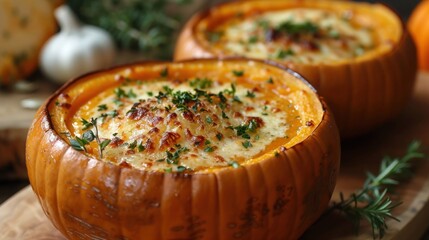 Pumpkin Soup Served in a Pumpkin Bowl with Creamy Goodness