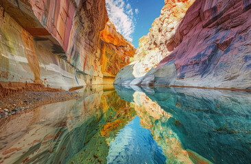 Poster - the vibrant colors and shapes in Antelope Canyon, Arizona with blue water at the bottom of the canyon