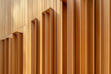 Abstract modern architecture background. Fragment of intricate wooden exterior. Patterned slats detail. Geometric brown building design. Multi-layered and natural warmth.