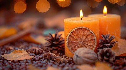 Autumn Ambiance: Rustic Fall Decor with Pumpkins, Candles, Chestnuts, and Cinnamon Spice