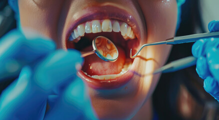 Wall Mural - Dental patient with dentist during a cleaning and treatment to fill cloudy teeth in a dental clinic, closeup of the mouth