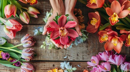 Wall Mural - Pink Orchid Flower Held by Hands Surrounded by Flowers