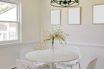 Wall Mural - Calm Dining Room With White Furniture, Vase Of Flowers, Modern Decor Elements, Photo Frame Mockup