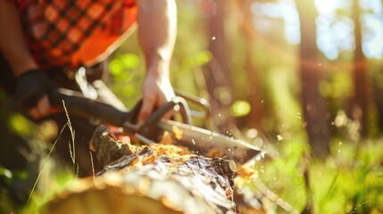 Closeup of a lumberjack cutting a tree with a chainsaw in a sunlit forest, emphasizing hard work and nature..