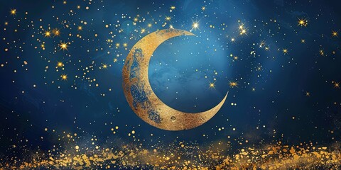 eid al-fitr concept with golden crescent moon on blue background and gold sparkles