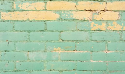 Wall Mural - A green brick wall with yellow paint on it., Generative AI