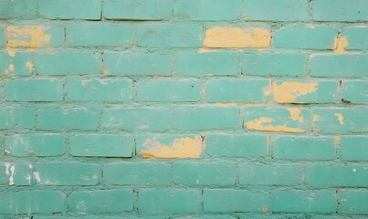 Wall Mural - A green brick wall with yellow paint on it., Generative AI