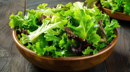 A fresh mixed green salad in a wooden bowl, featuring a variety of leafy greens, perfect for a healthy and nutritious meal..