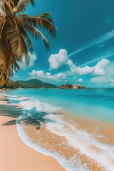 Tropical beach with palm trees and turquoise water in ocean. Paradise island on a sunny day. Trip, travel and vacation