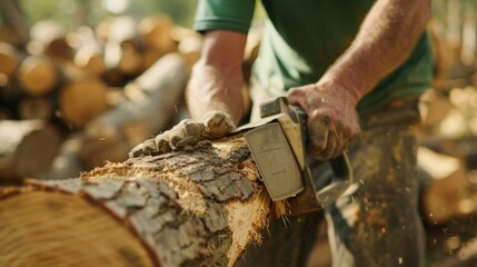 Close-up of a lumberjack using a chainsaw to cut through a tree trunk, with woodchips flying and sunlight filtering through the forest..