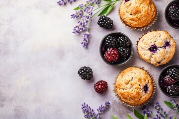 Wall Mural - Blueberry muffins and danishes on a purple background space for text