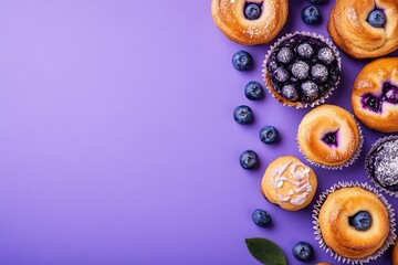 Wall Mural - Blueberry muffins and danishes on a purple background space for text